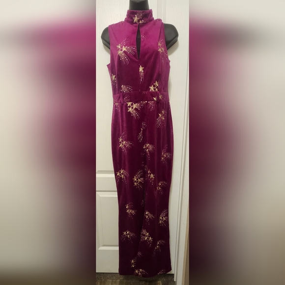 Nasty Gal Purple Velvet Jumpsuit with Gold Floral Design Size 6 EUC - Picture 3 of 10